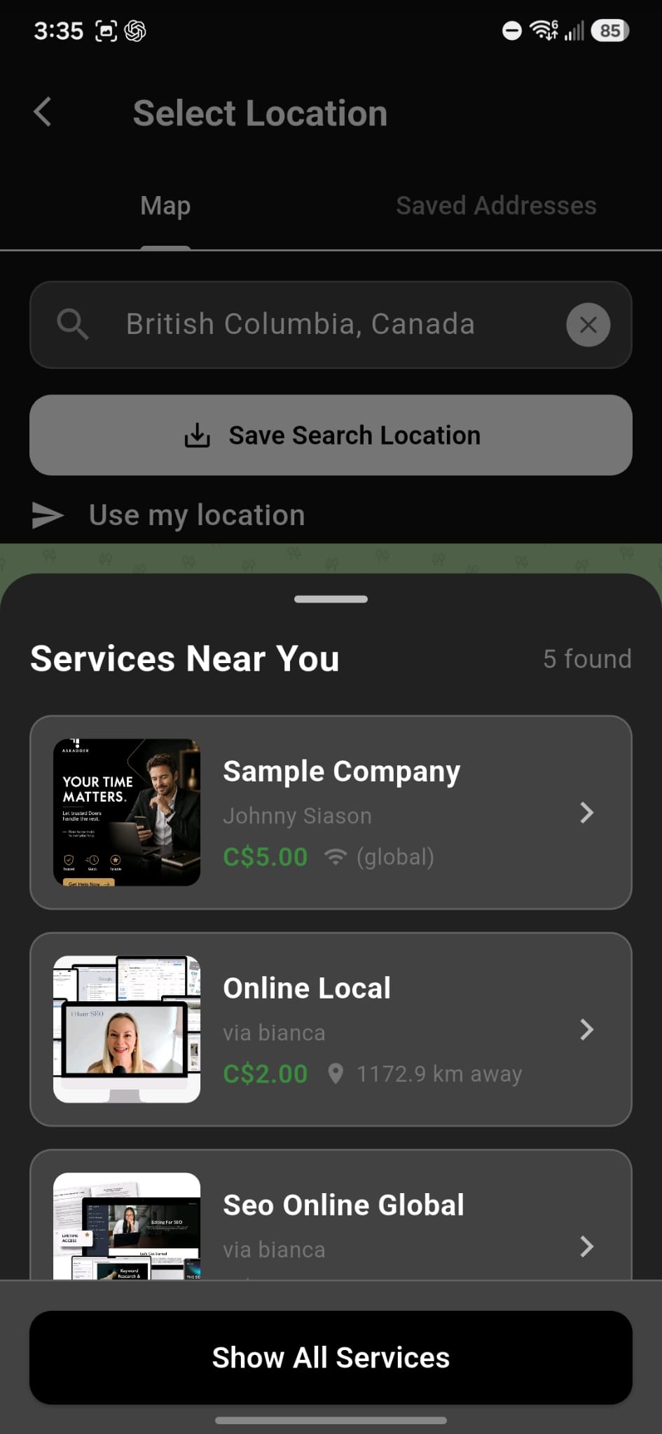 Askadoer select location screen for Canada
